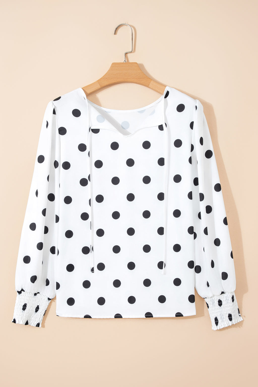 White Polka Dot Print Round Neck Frilled Long Sleeve Blouse
