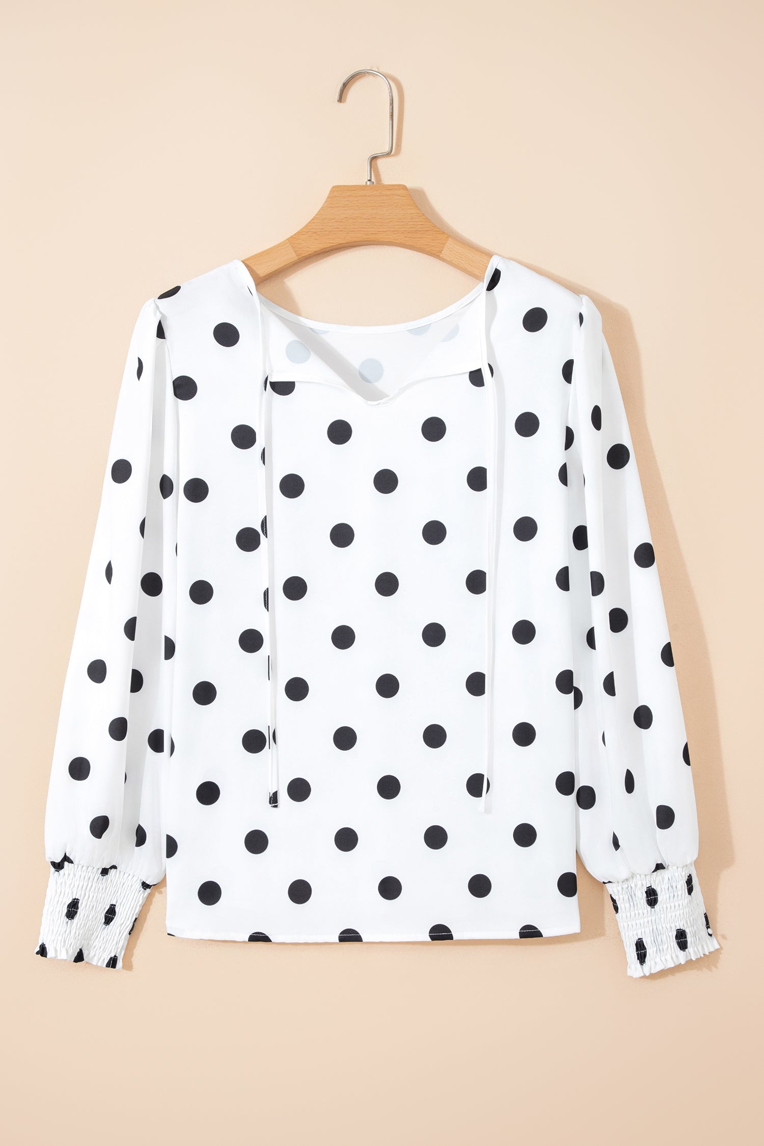White Polka Dot Print Round Neck Frilled Long Sleeve Blouse