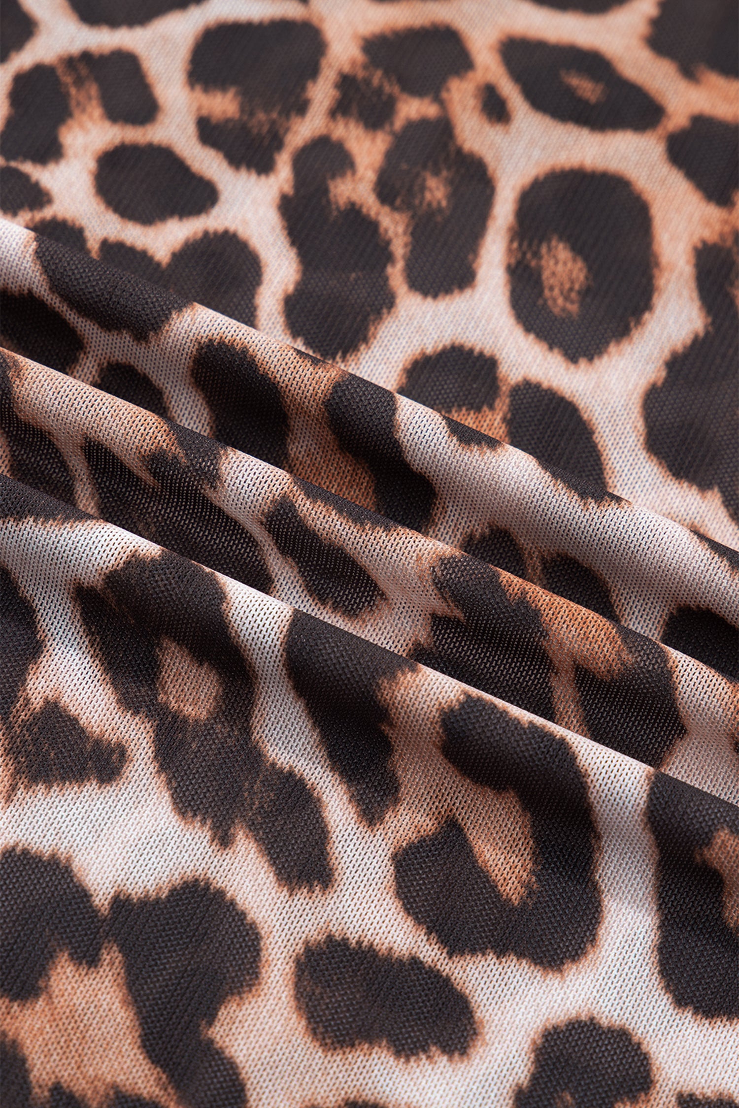 Brown Plus Size Mock Neck Leopard Mesh Top