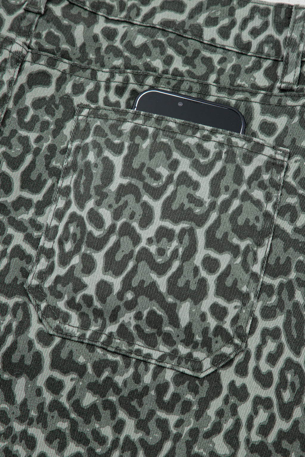 Brown Leopard Frayed Edge Wide Leg High Waist Jeans