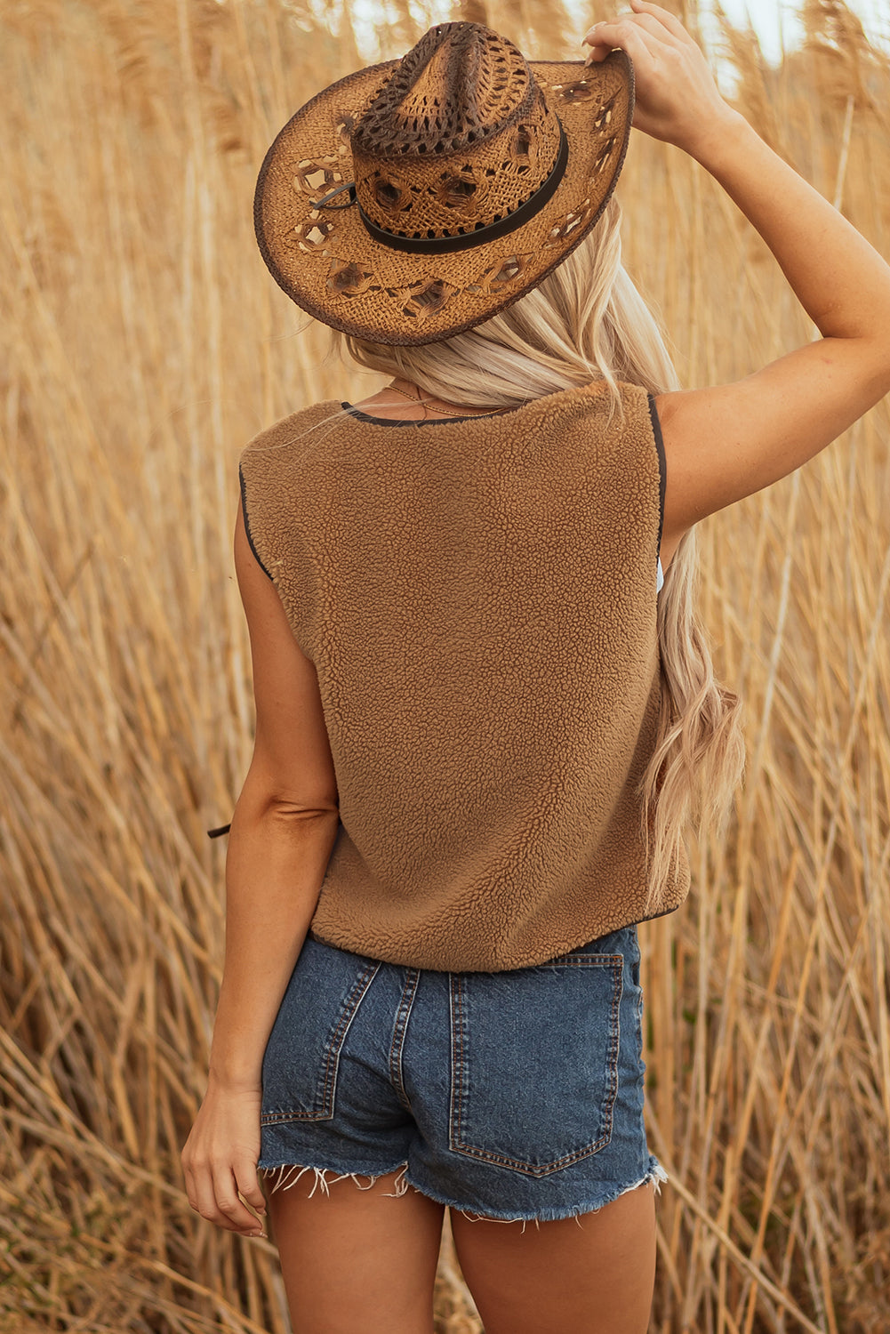 Light French Beige Contrast Trim Tie Front Sherpa Vest