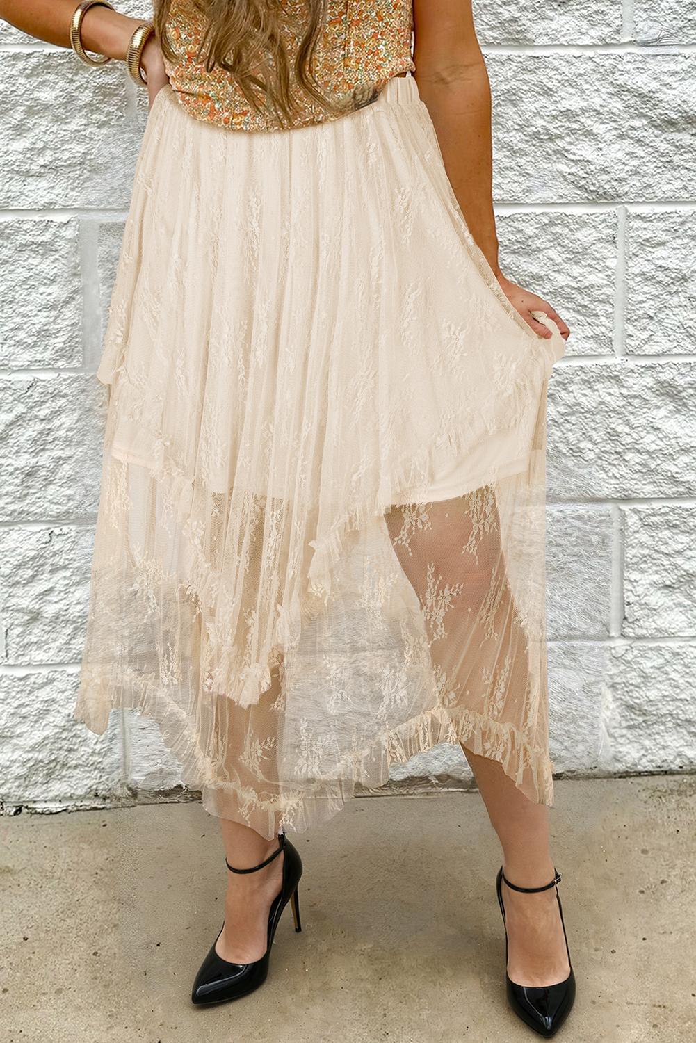 Apricot Lace Cascading Tiered High Waist Maxi Skirt