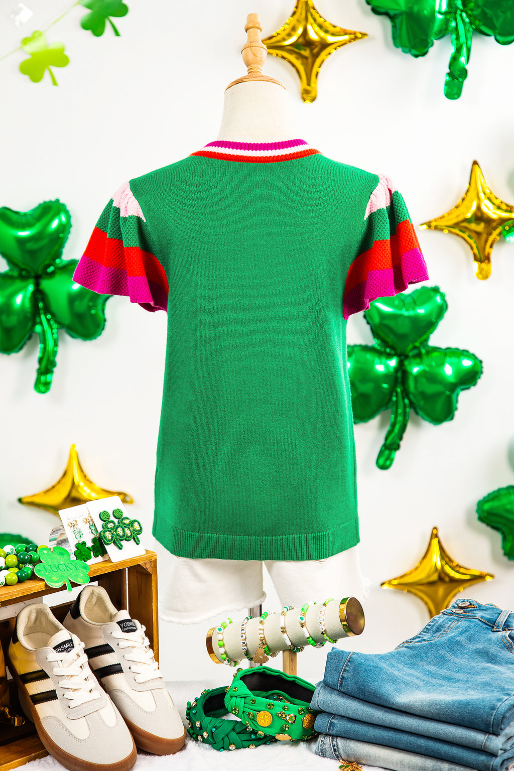 Bright Green Shiny Lucky Striped Flutter Sleeve Round Neck Sweater