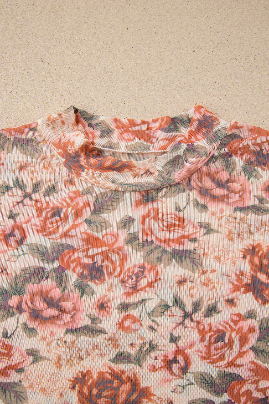 Pink Plus Size Floral Mock Neck Long Sleeve Slim Top