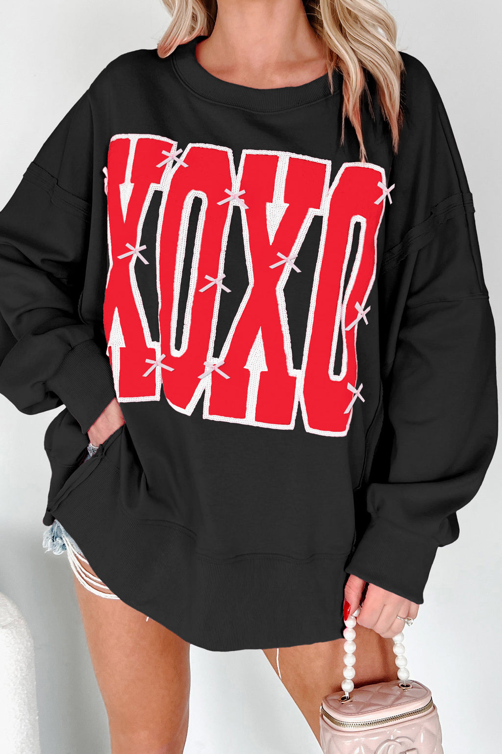 Black Bow Sequin XOXO Letter Graphic Exposed Seam Baggy Sweatshirt