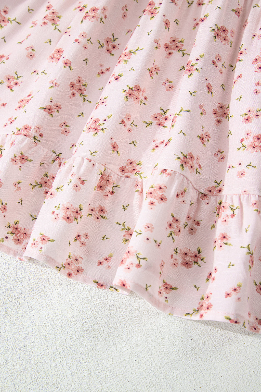 Pink Front Tie Shirred Waist Short Sleeve Ruffled Floral Mini Dress