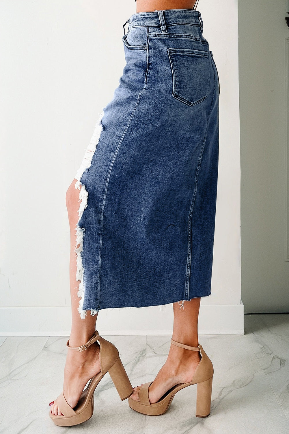 Dearlove Myosotis Irregular Distressed Bottom Denim Midi Skirt