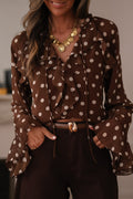 Coffee Polka Dot Print Ruffle Trim V Neck Long Bell Sleeve Blouse