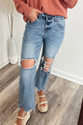 Myosotis Raw Hem Ripped Open Knee Fit Flare Jeans