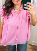 Bonbon Plus Size Textured Tassel Tie V Neck Ruffle Short Sleeve Blouse