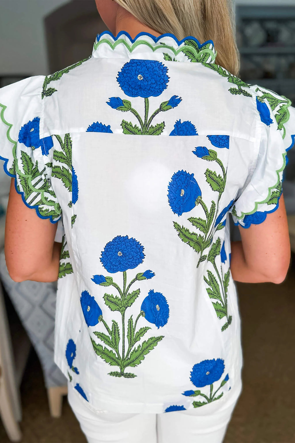 Pink Wild Flower Print Contrast Trim Scallop Detail Short Sleeve Blouse