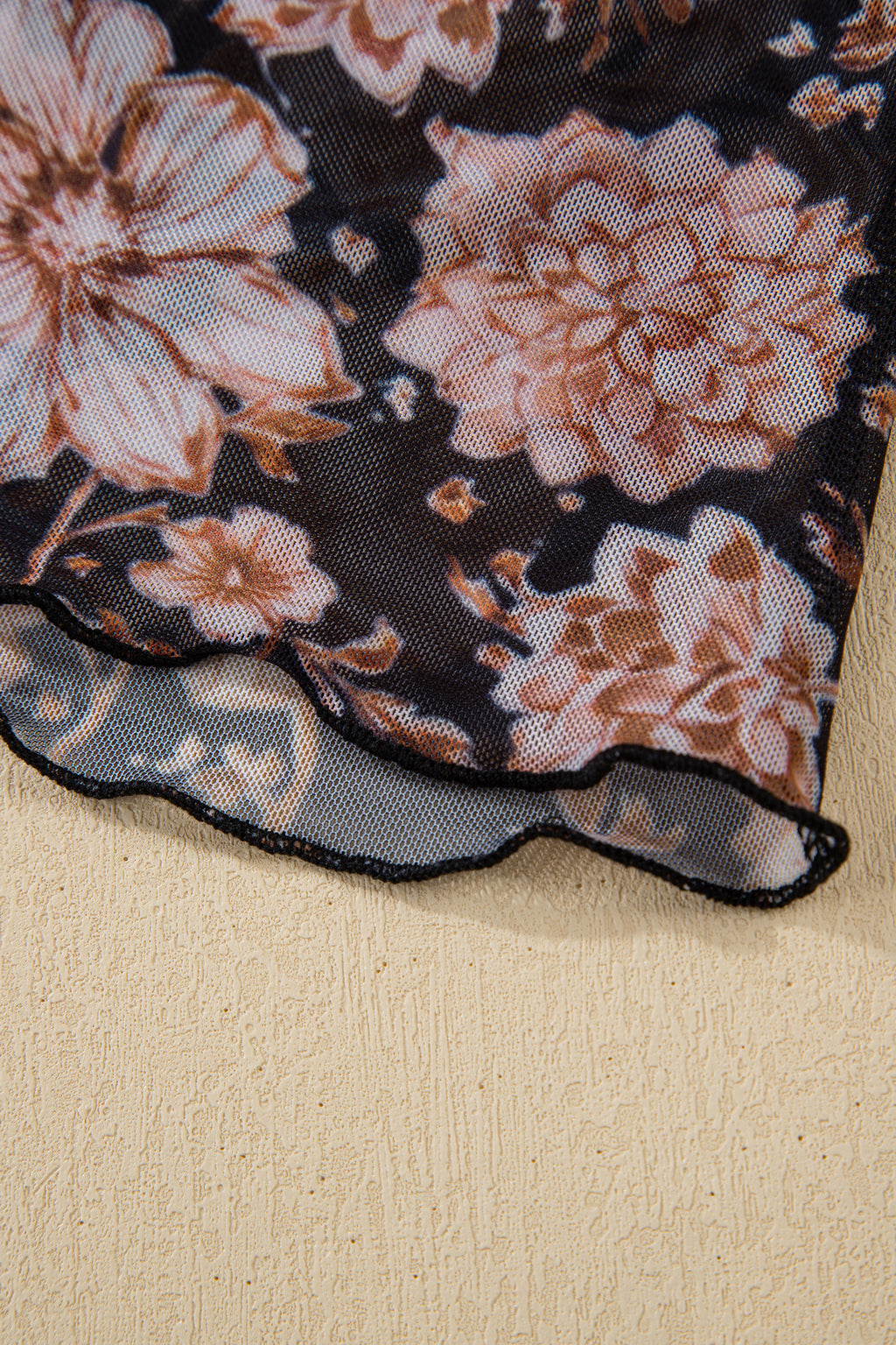 Black Floral Print Mesh Mock Neck Long Sleeve Top