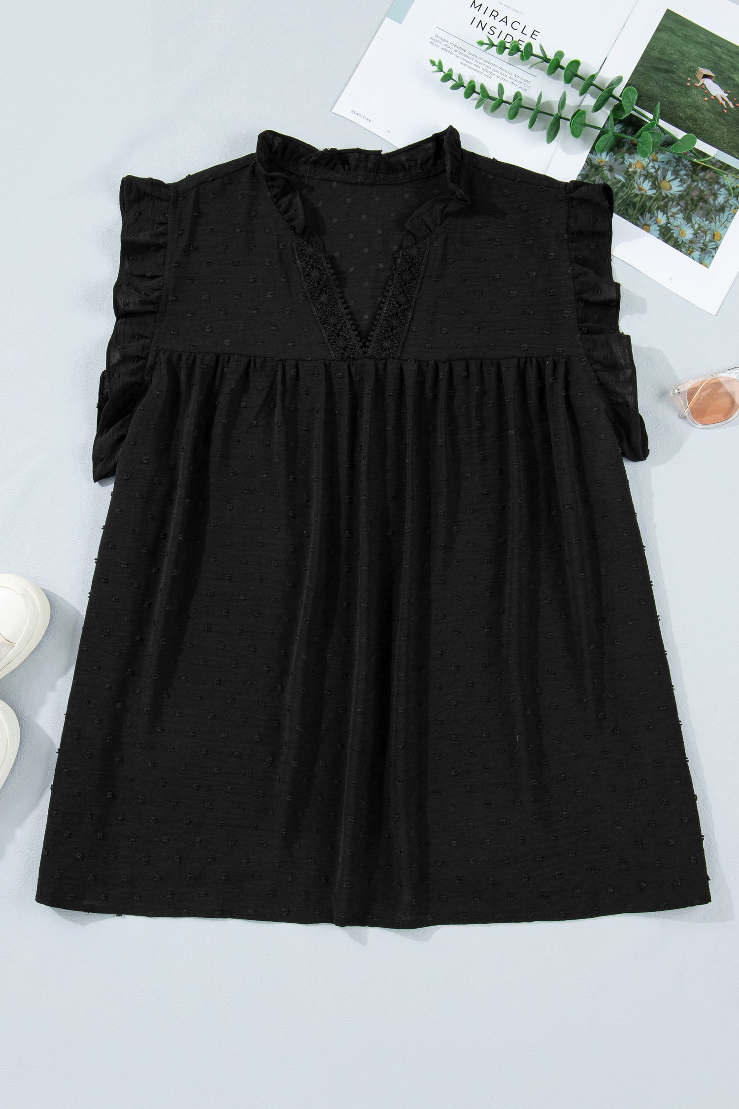 White Plus Size Swiss Dot Ruffle Lace Trim V Neck Tank Top