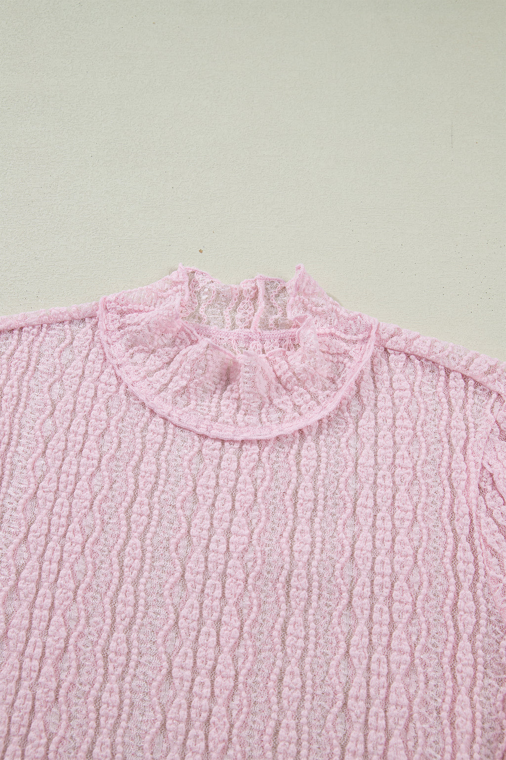 Apricot Flounced Long Sleeve Mock Neck Sheer Lace Top