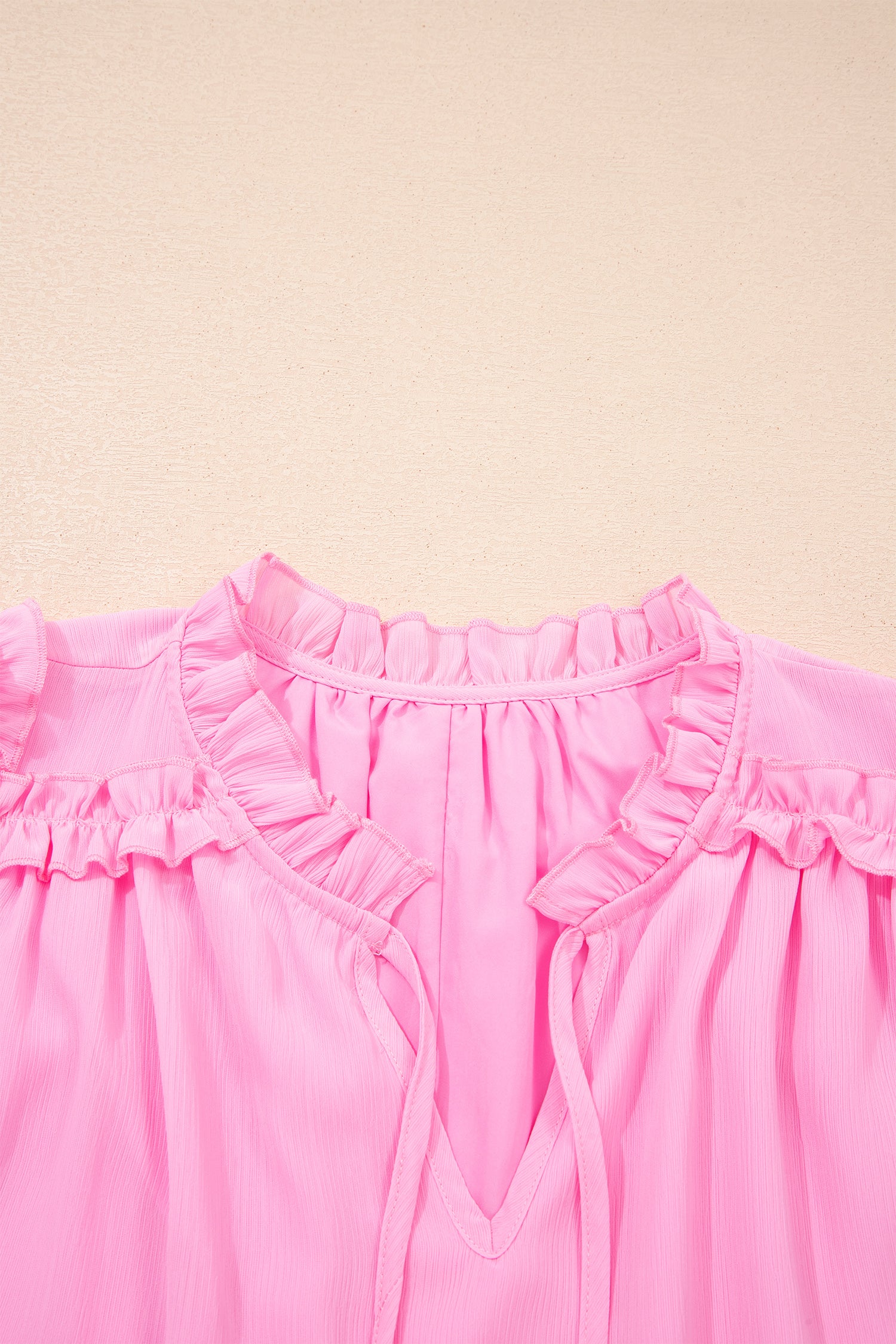 Bonbon Plus Size Textured Tassel Tie V Neck Ruffle Short Sleeve Blouse