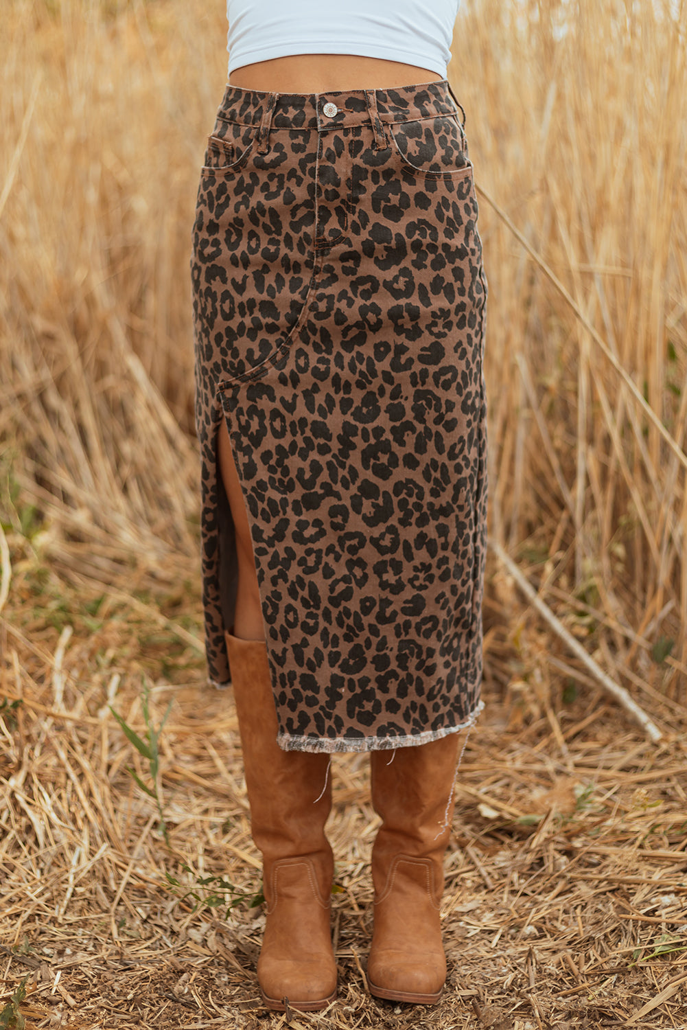 Sky Blue Leopard Denim Frayed Split Denim Midi Skirt