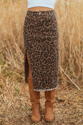 Sky Blue Leopard Denim Frayed Split Denim Midi Skirt
