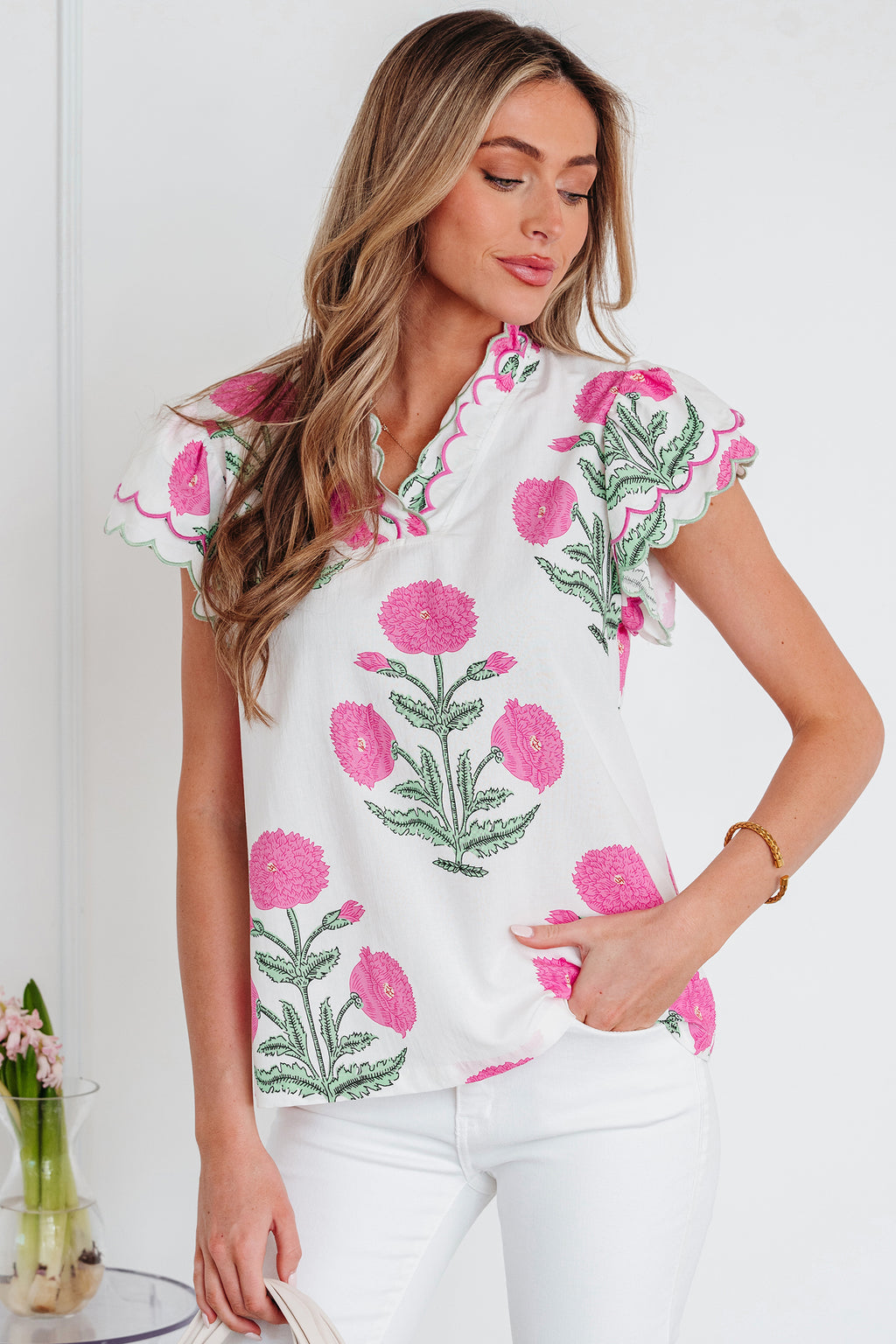 Pink Wild Flower Print Contrast Trim Scallop Detail Short Sleeve Blouse