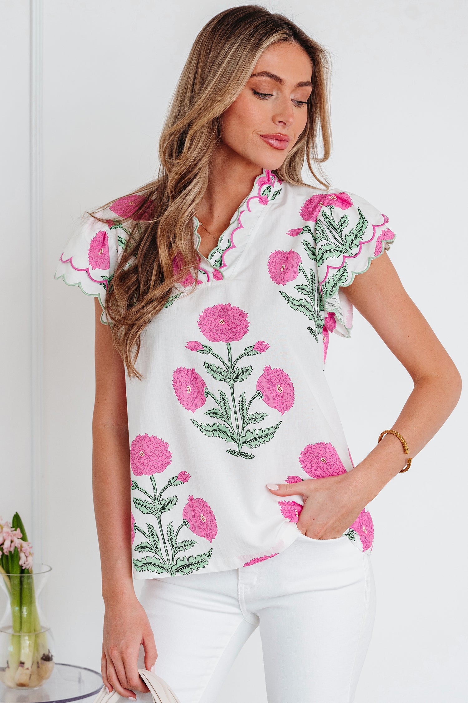Pink Wild Flower Print Contrast Trim Scallop Detail Short Sleeve Blouse