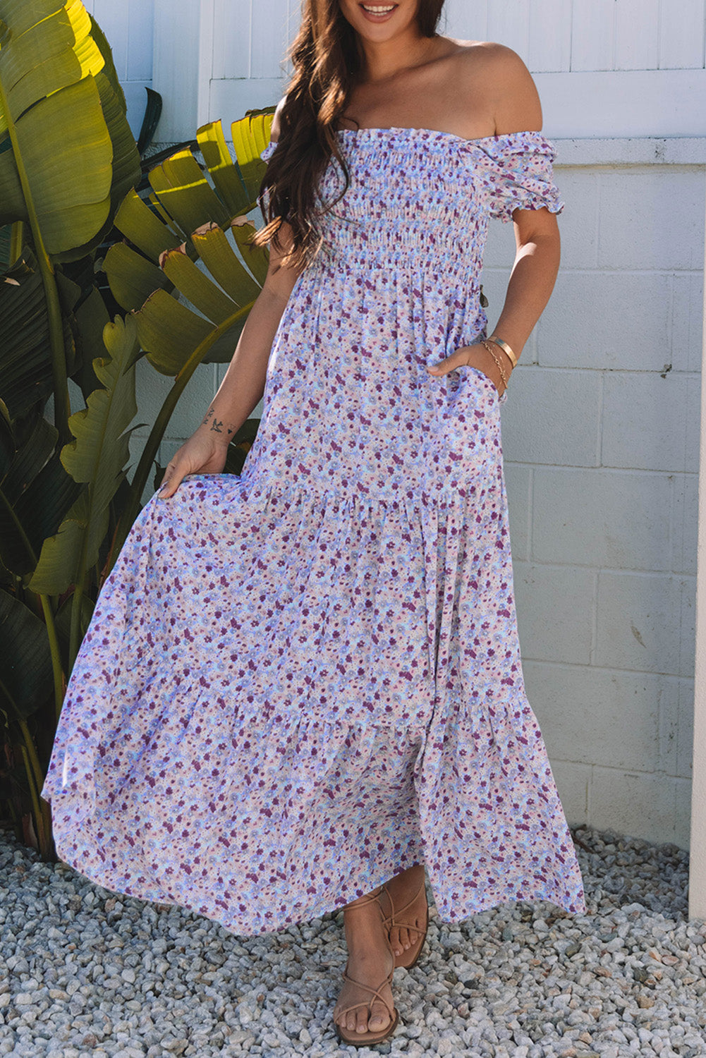 Purple Floral Short Bubble Sleeve Shirred High Waist Maxi Dress