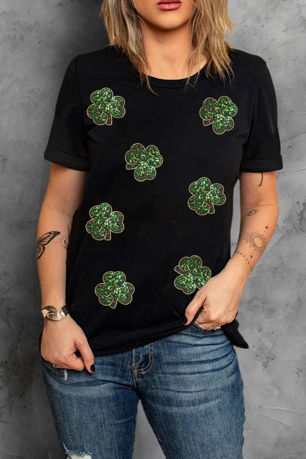 Black Sequin Leopard Clover Graphic Crewneck St Patrick Tee