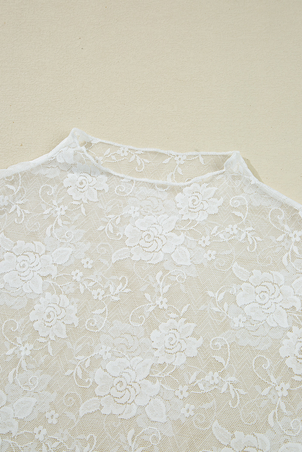 White Mock Neck Floral Lace Mesh Long Sleeve Top