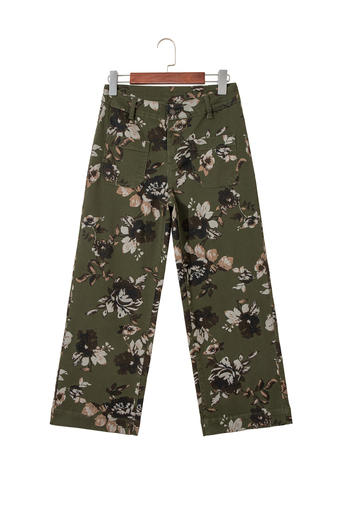 Green Vintage Floral Print Square Patch Pocket Raw Hem Shift Jeans