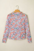 Pink Slim Fit Floral Mesh Long Sleeve Mock Neck Top