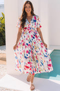Rose Abstract Print Short Puff Sleeve Tiered Maxi Dress