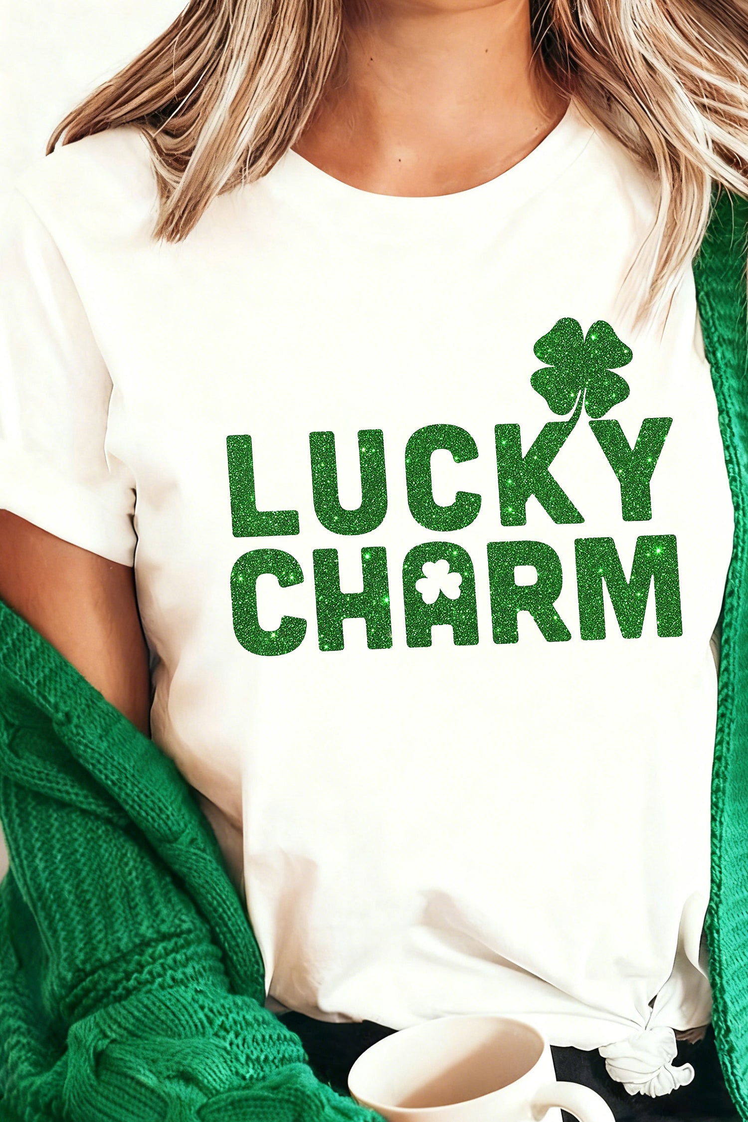 White LUCKY CHARM Shimmery Print St Patricks Day Clover T Shirt