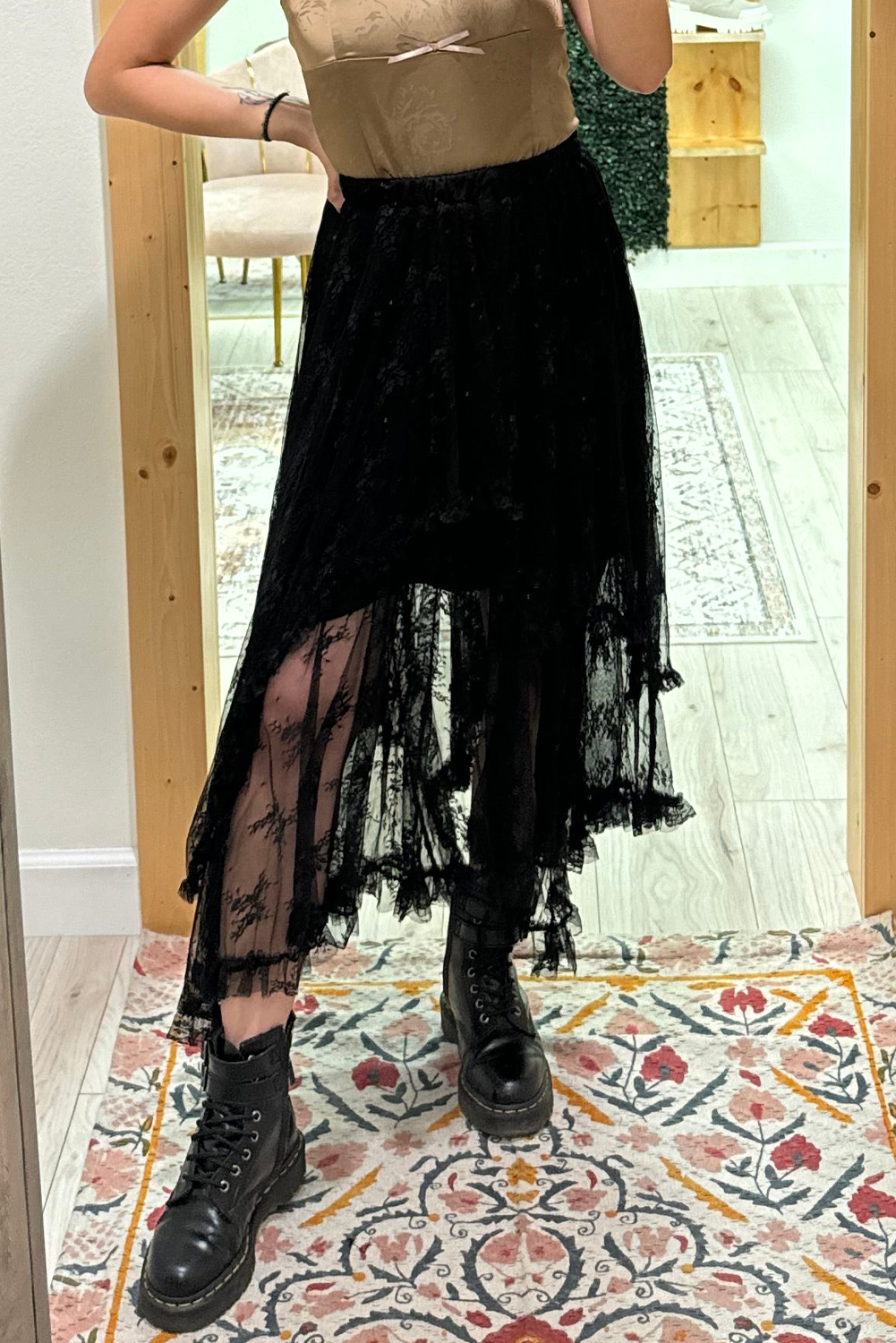 Apricot Lace Cascading Tiered High Waist Maxi Skirt