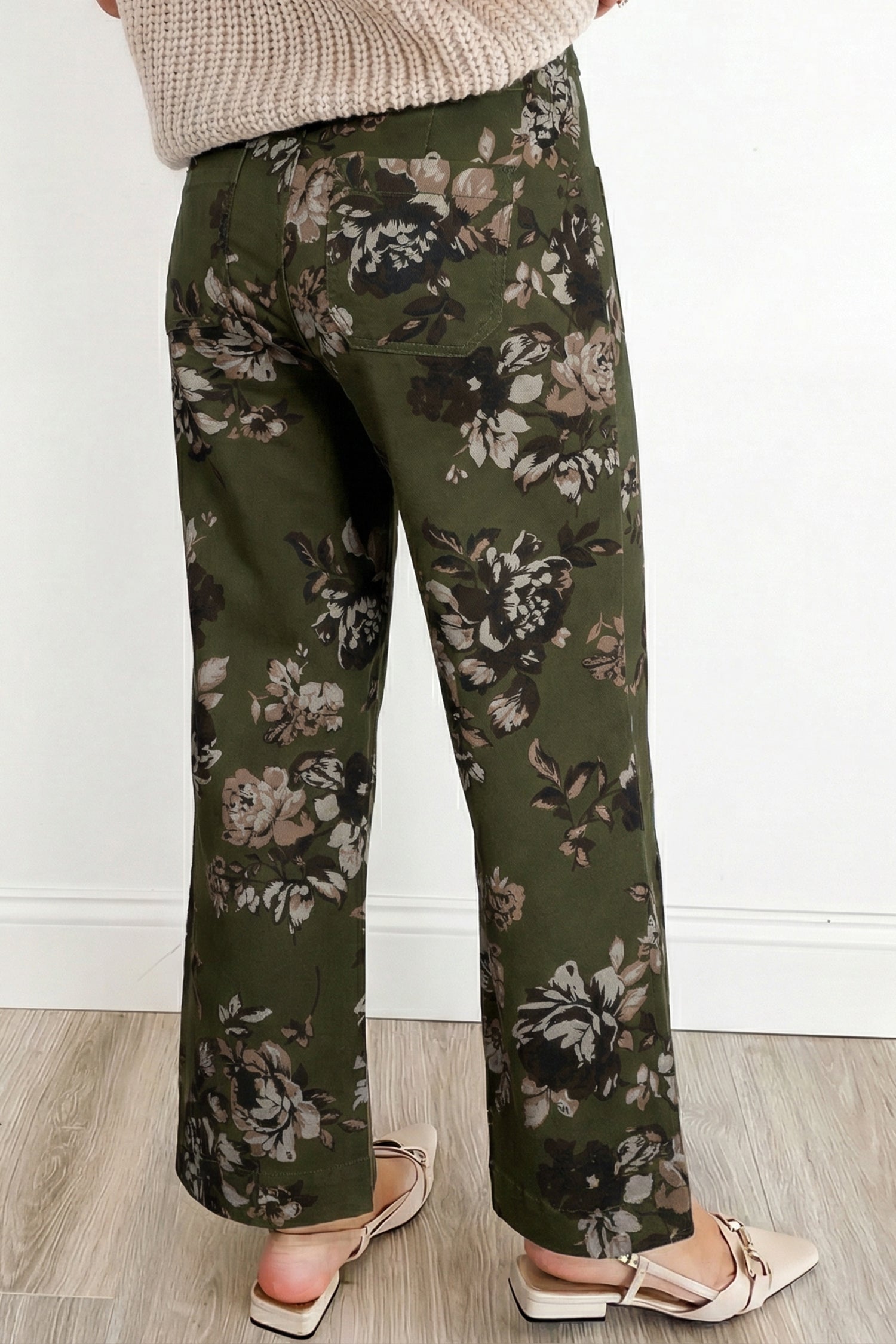 Green Vintage Floral Print Square Patch Pocket Raw Hem Shift Jeans