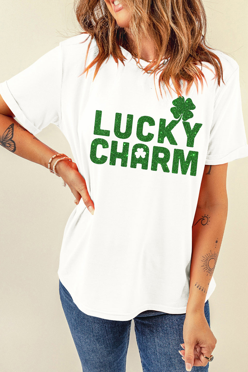 White LUCKY CHARM Shimmery Print St Patricks Day Clover T Shirt