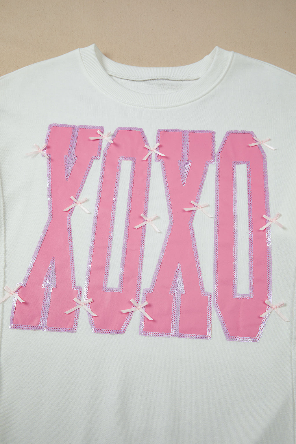 Black Bow Sequin XOXO Letter Graphic Exposed Seam Baggy Sweatshirt