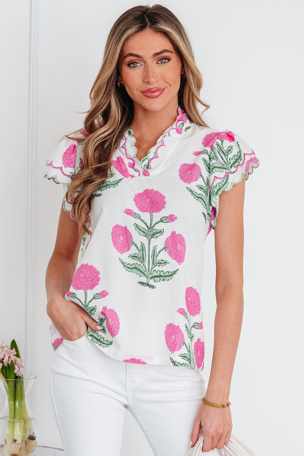 Pink Wild Flower Print Contrast Trim Scallop Detail Short Sleeve Blouse