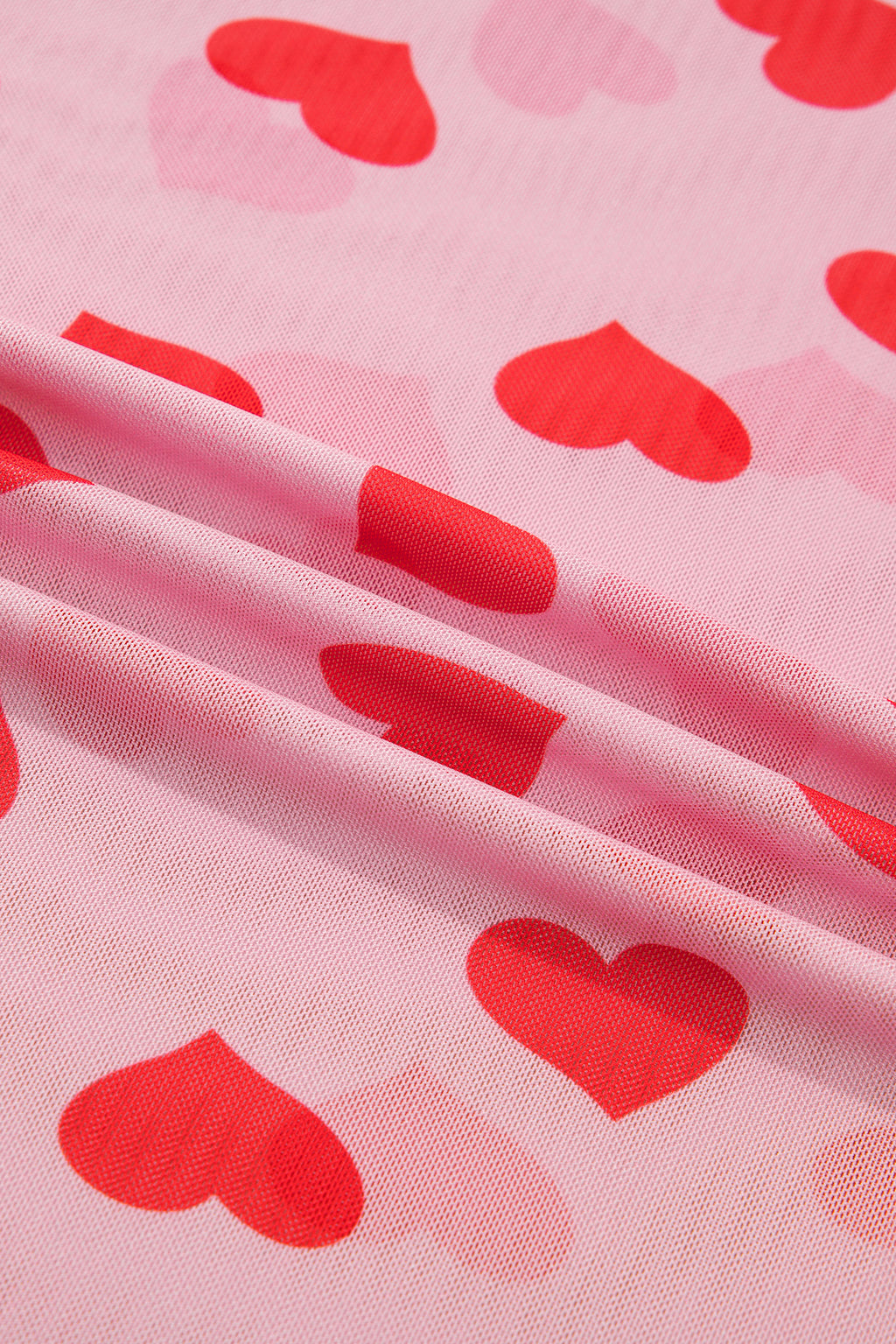 Black Valentines Heart Printed Sheer Mesh Long Sleeve Top