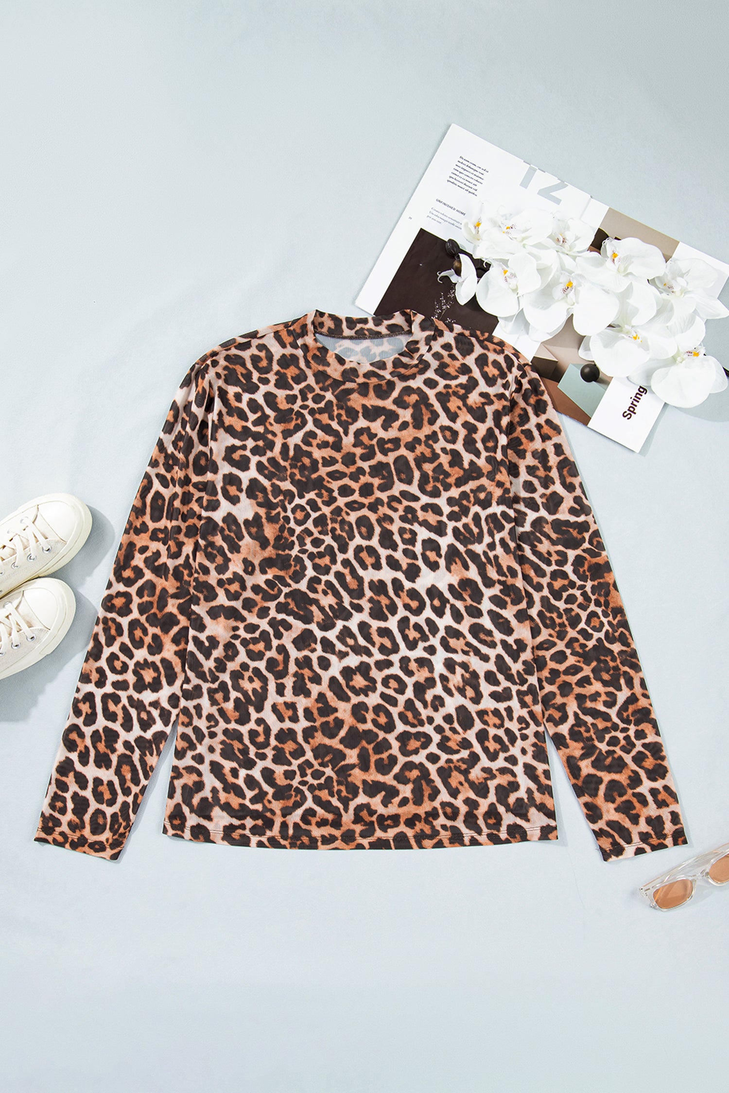 Brown Plus Size Mock Neck Leopard Mesh Top