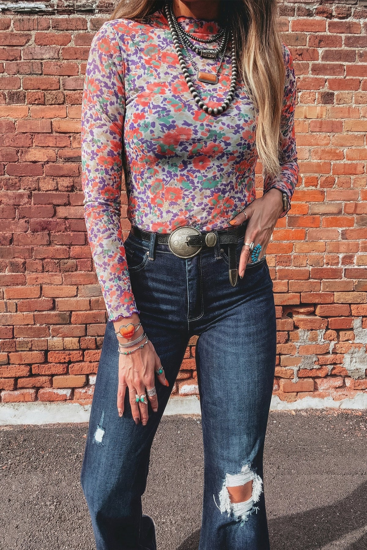 Pink Slim Fit Floral Mesh Long Sleeve Mock Neck Top