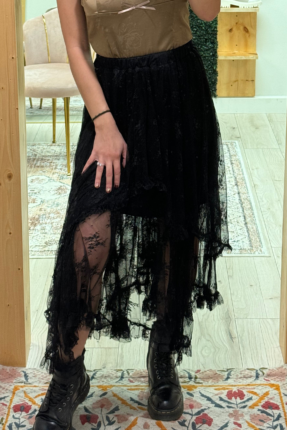 Apricot Lace Cascading Tiered High Waist Maxi Skirt