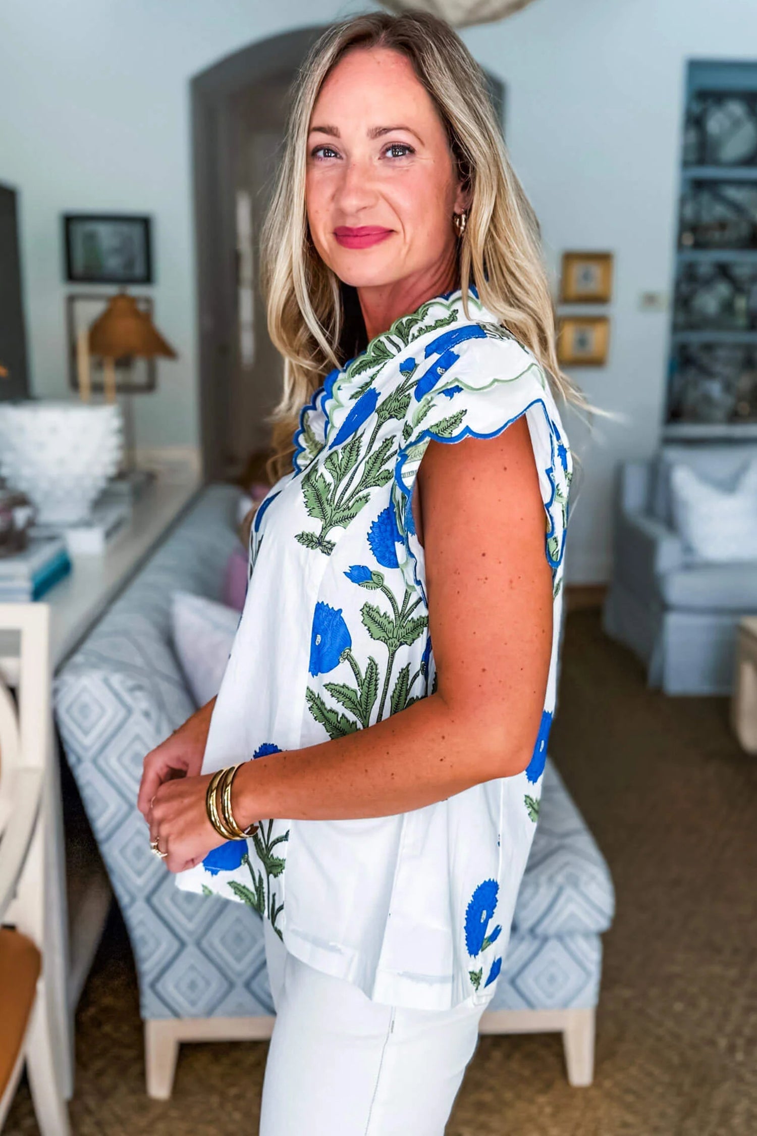 Pink Wild Flower Print Contrast Trim Scallop Detail Short Sleeve Blouse