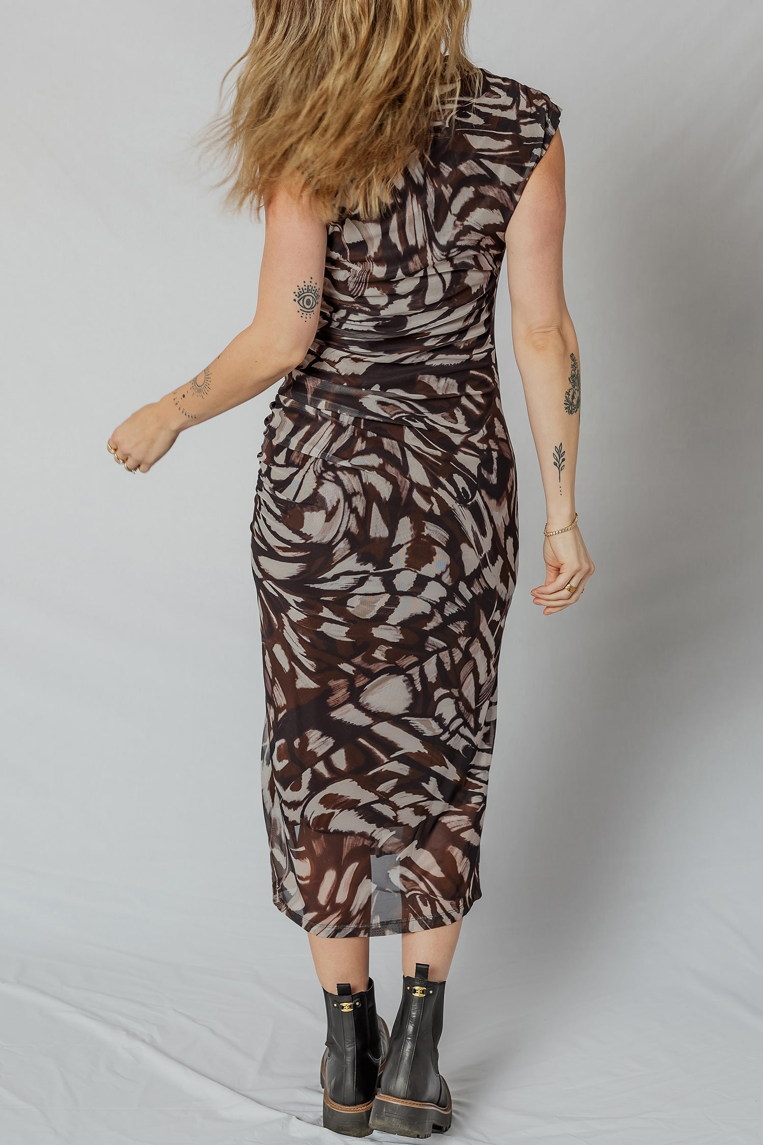 Brown Abstract Print Mesh Cowl Neck Cap Sleeve Ruched Midi Dress with Slit