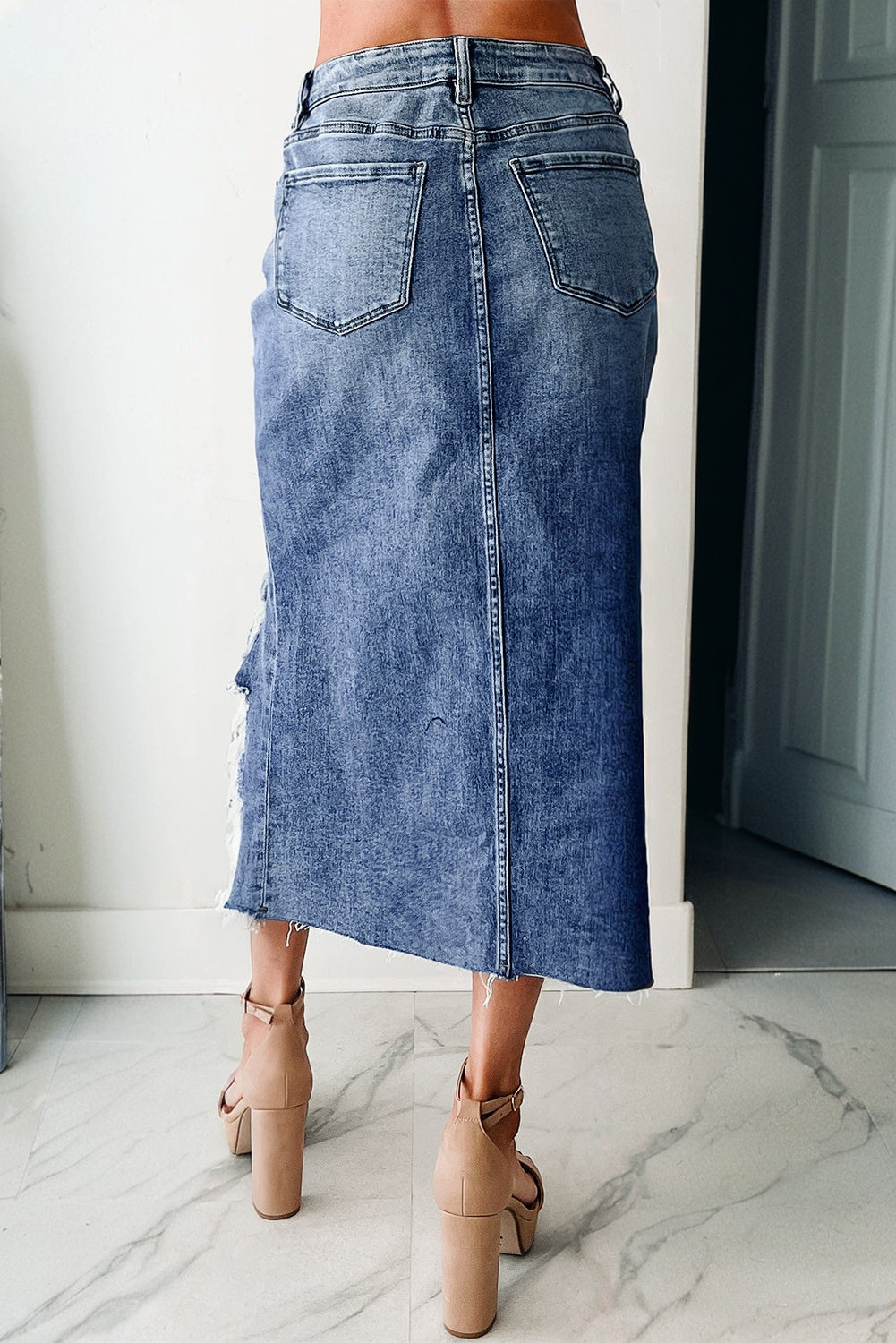 Dearlove Myosotis Irregular Distressed Bottom Denim Midi Skirt