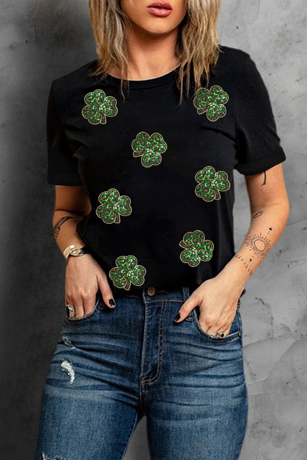 Black Sequin Leopard Clover Graphic Crewneck St Patrick Tee