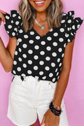 Black Polka Dot Print Ruffled Sleeve V Neck Blouse