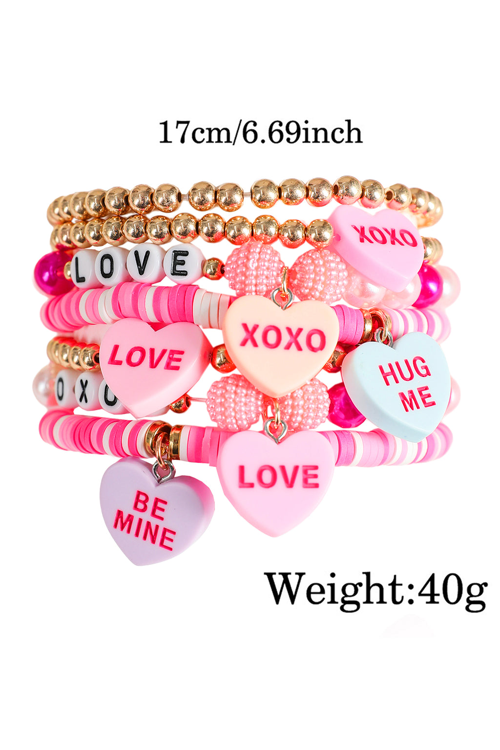 Bonbon Valentine Heart Pendant Beaded Elastic Bracelet Set