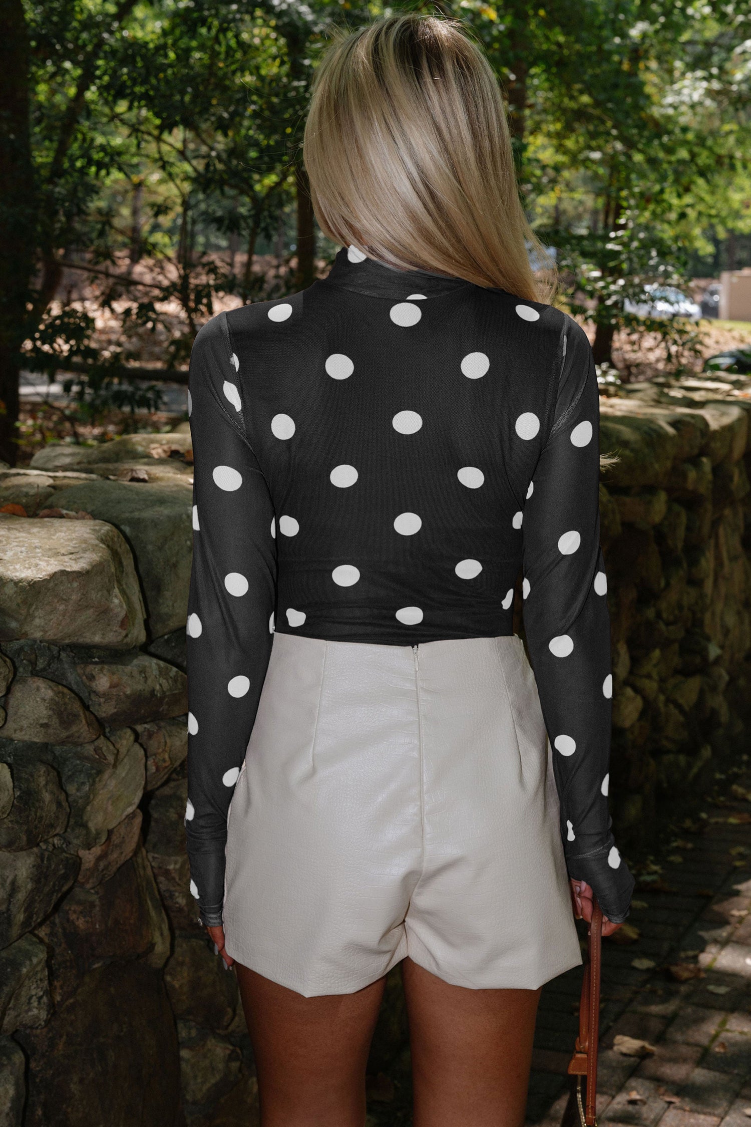 Black Vintage Polka Dot Print Mesh Long Sleeve Bodysuit