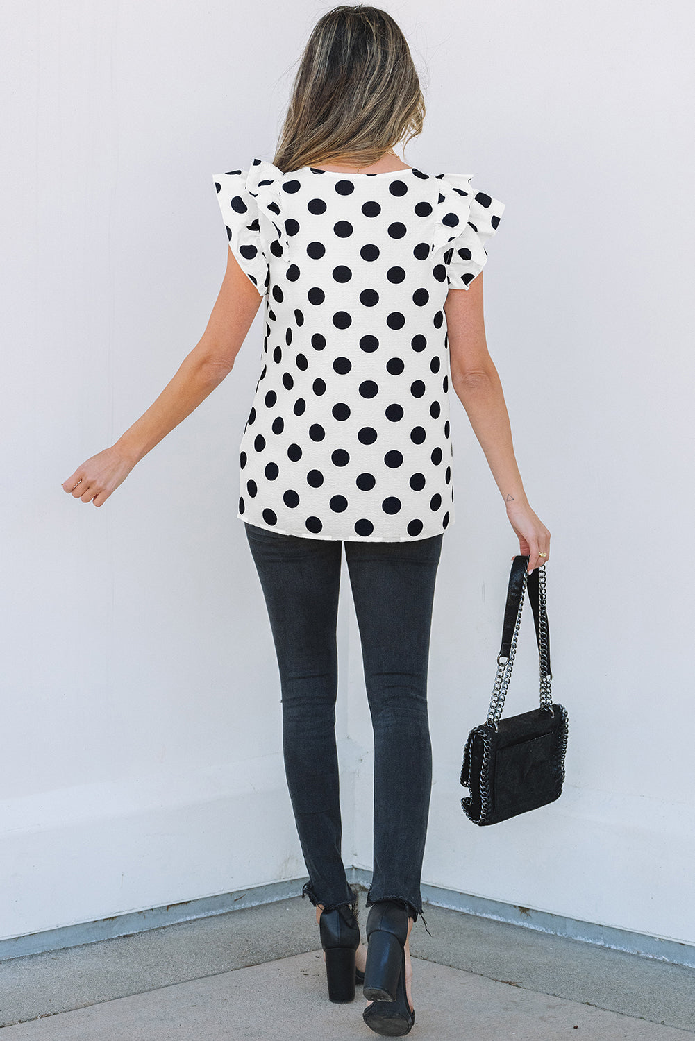 Black Polka Dot Print Ruffled Sleeve V Neck Blouse
