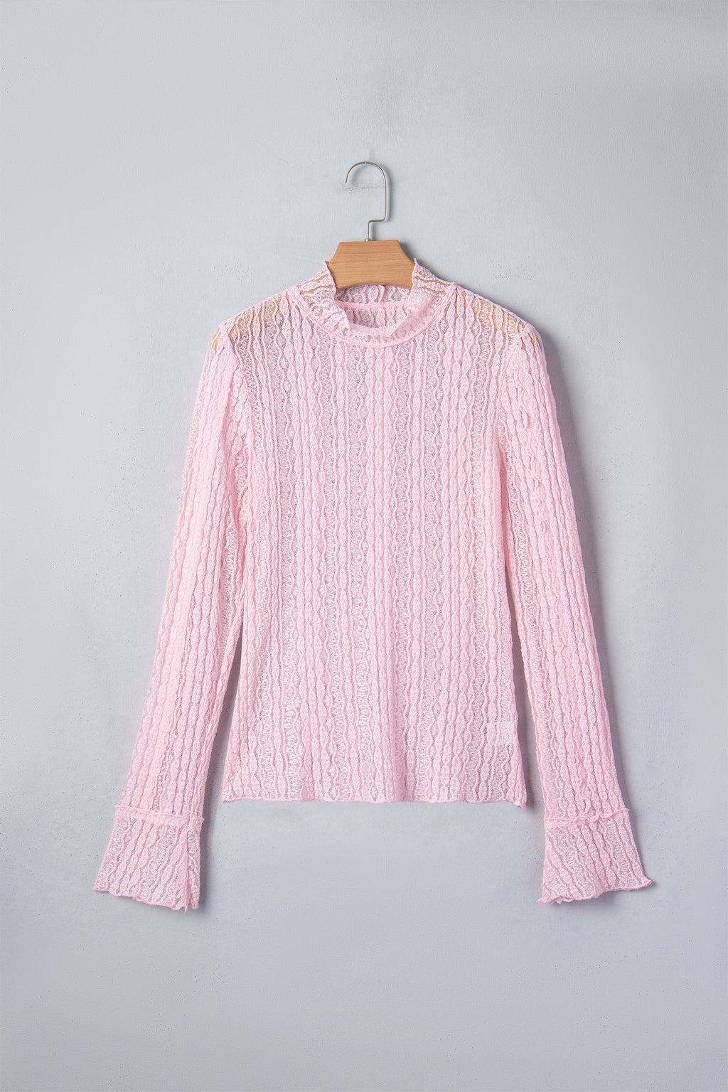 Apricot Flounced Long Sleeve Mock Neck Sheer Lace Top