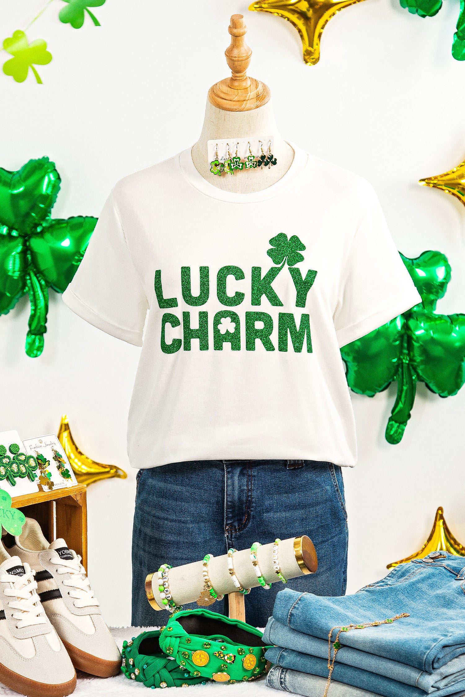 White LUCKY CHARM Shimmery Print St Patricks Day Clover T Shirt