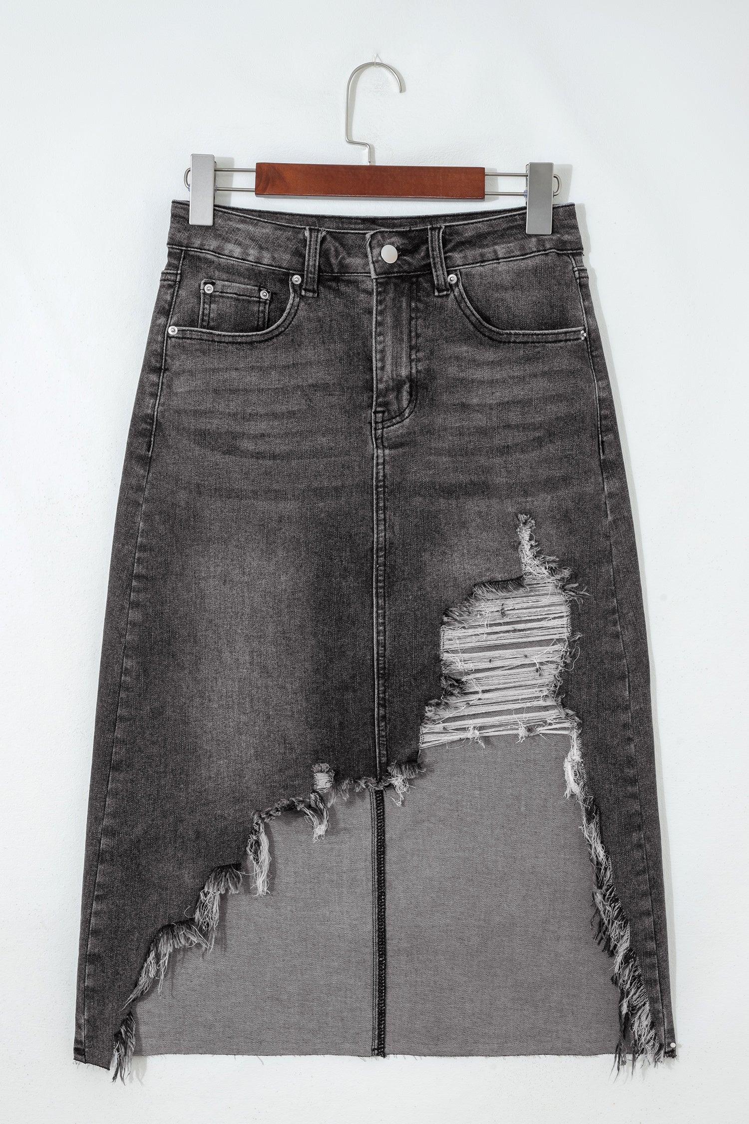 Dearlove Myosotis Irregular Distressed Bottom Denim Midi Skirt